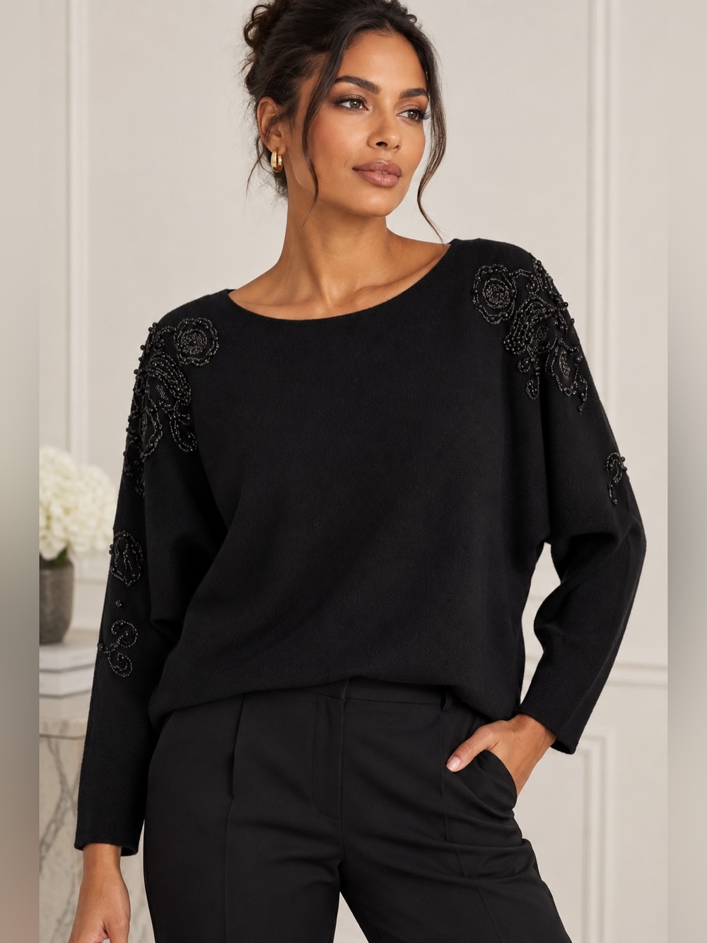 LIV Milano Black Embellished Beaded Floral Sleeve Sweater XL